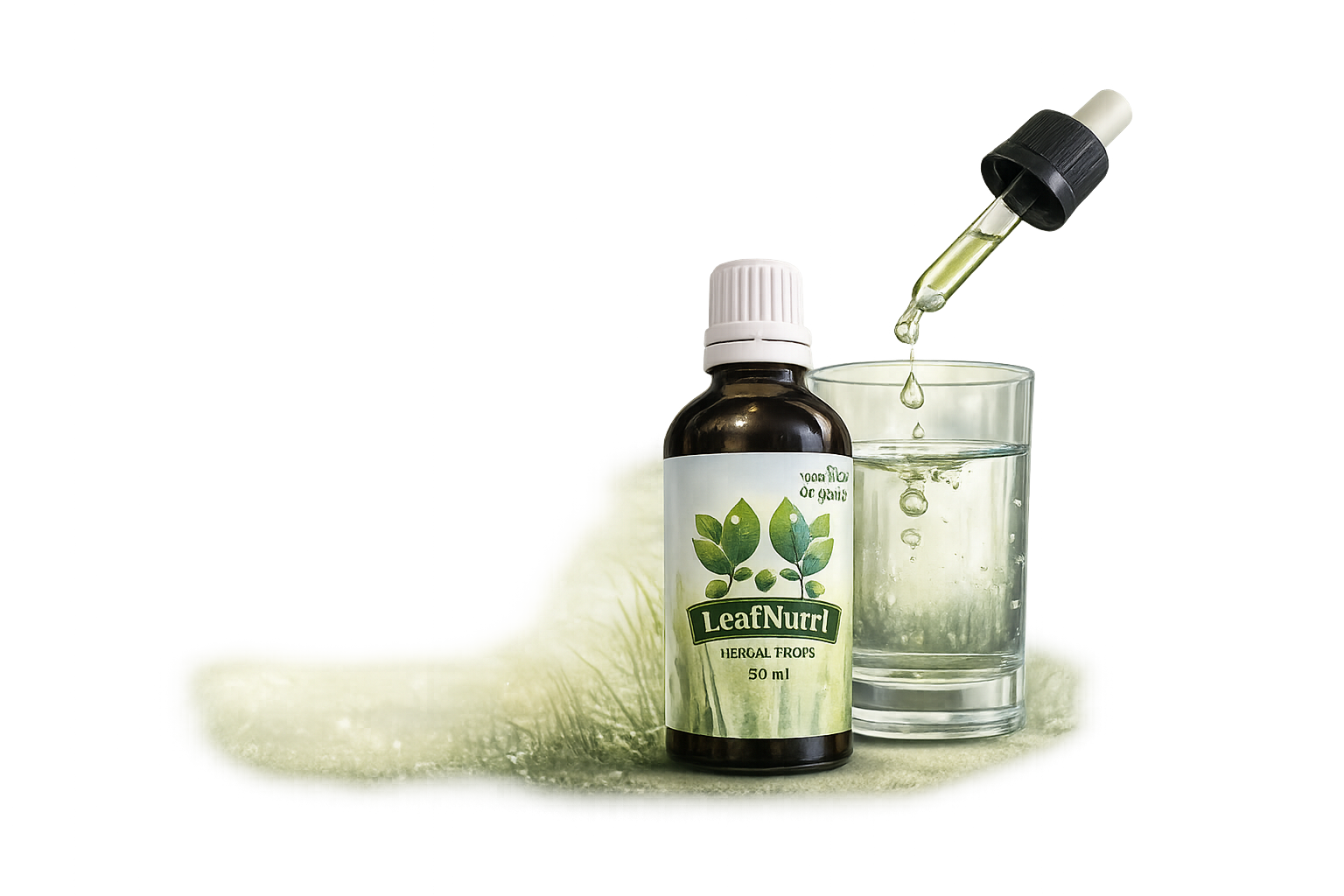 LeafNutri Herbal Drops mit Wasserglas und Pipette